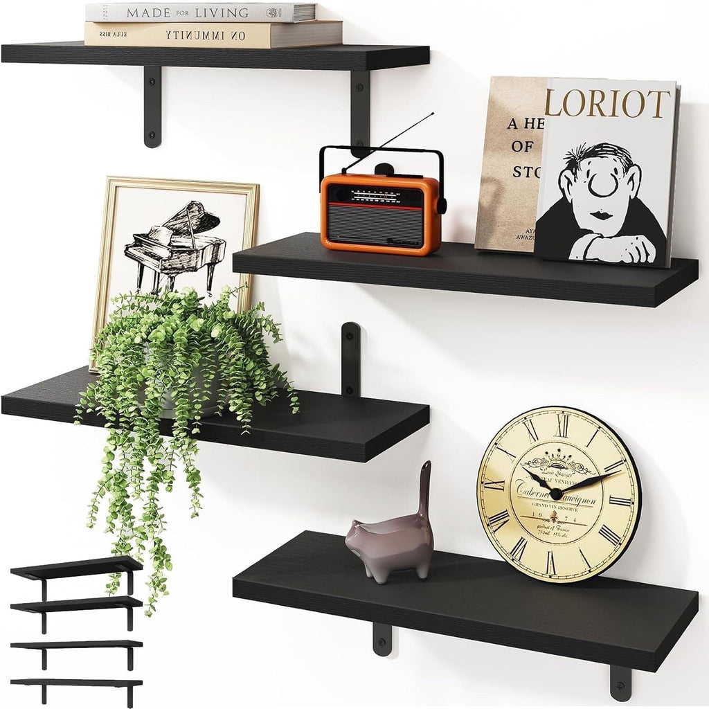 TABGIME Set of 4 Kitchen Wall Shelf Rustic Wood Floating Shelves for Living Room Bathroom Bedroom, 16 inch Black