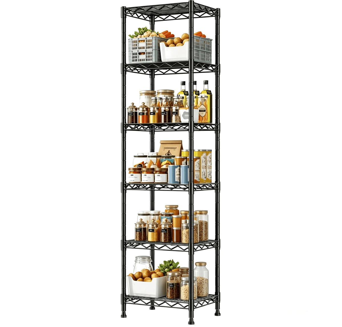 melmine Slim Vertical Storage Shelf,6-Tier Narrow Storage Rack for Bathroom Small Spaces,Adjustable Metal Shelving Unit,15.8"W x 11.8"D x 63"H,Black