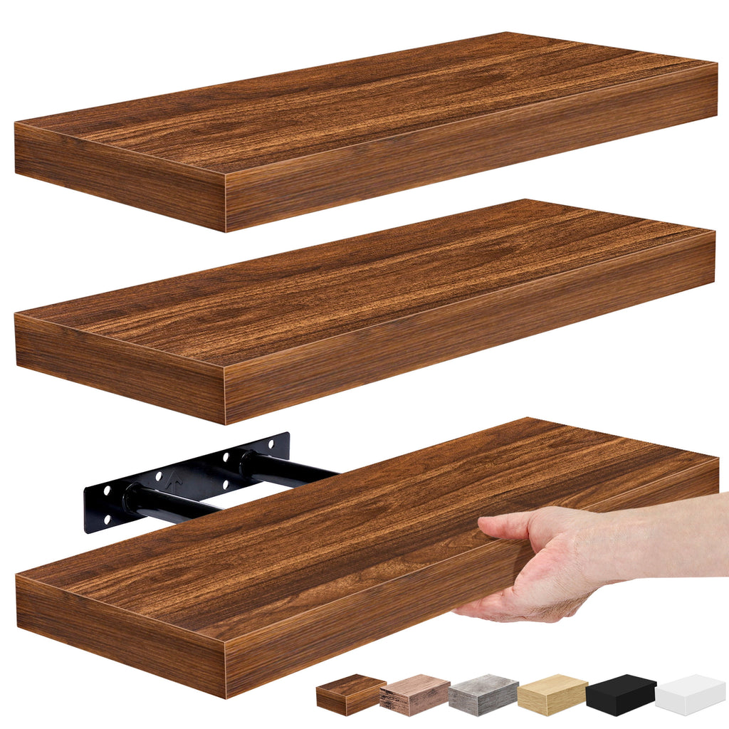 Sorbus 16.25" Walnut Rustic Floating Shelves (Set of 3) – Wall Storage for Décor, Frames, Trophies