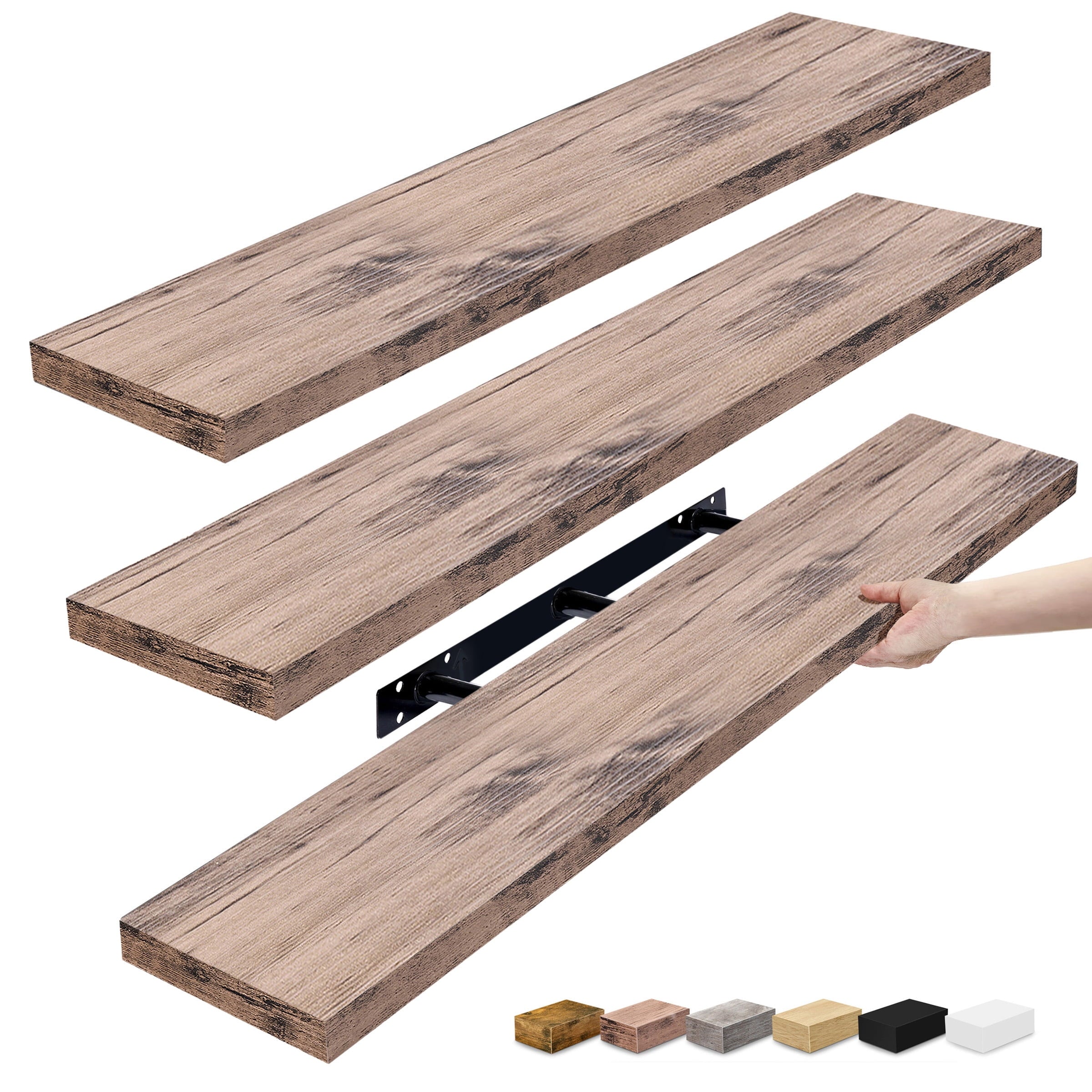Sorbus Extra Long Floating Shelves – Set of 3 Wall-Mounted Shelves (48"x9") for Bedroom, Kitchen, Living Room, Bathroom – Mahogany Farmhouse Décor