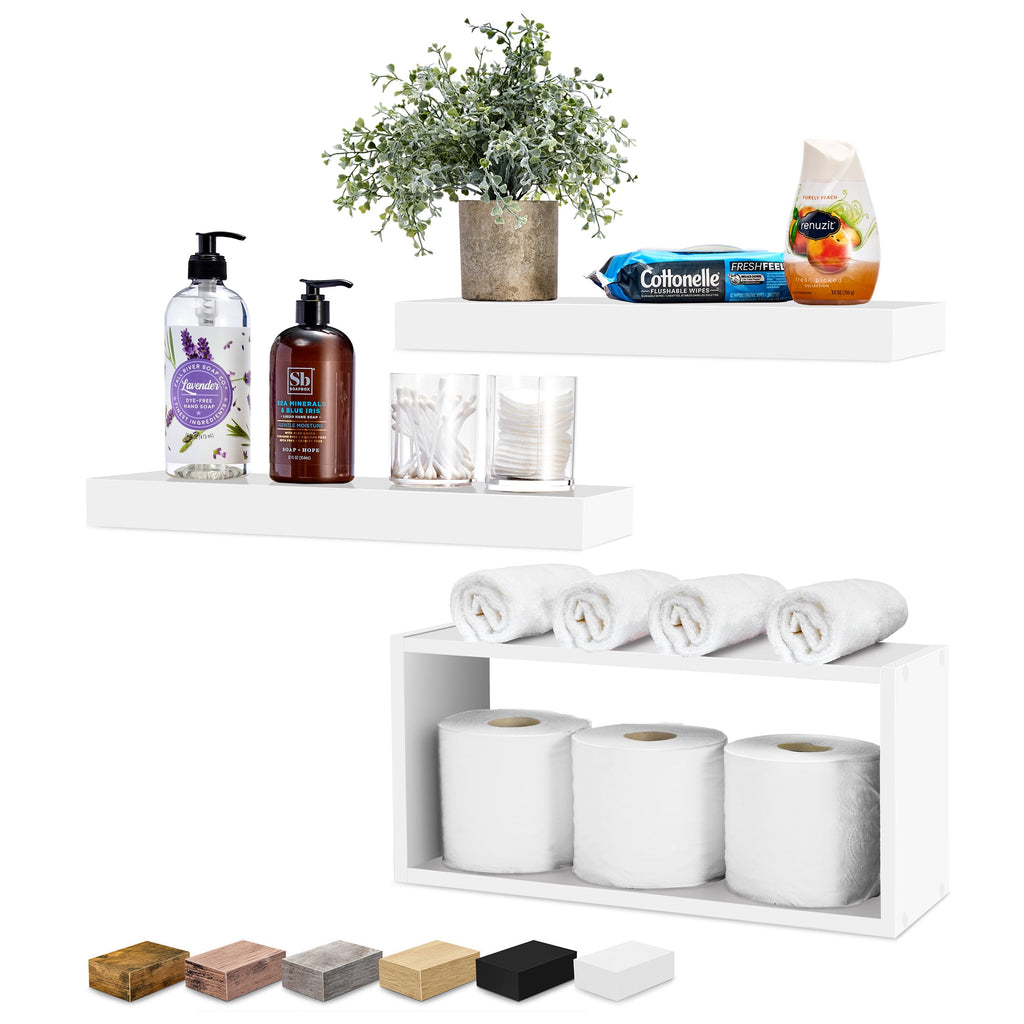 Sorbus Floating Shelves for Wall Set of 3 - Bathroom Shelves for Wall Storage, Over Toilet, Bedroom, Farmhouse, Wall Decor - 2 Floating Shelves with Invisible Brackets & 1 Rectangular Box