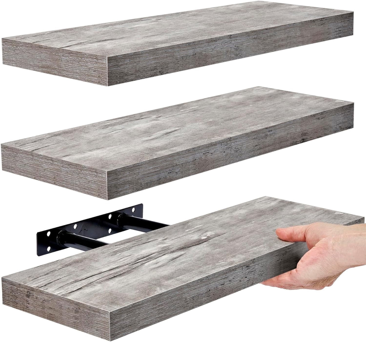 Sorbus 16.25" Gray Rustic Floating Shelves (Set of 3) – Wall Storage for Décor, Frames, Trophies
