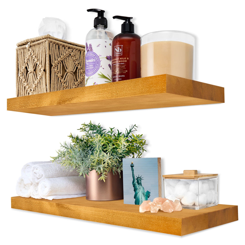 Sorbus Wood Floating Shelves for Wall - 16” Solid Wood Wall Shelves for Bathroom Decor, Books, Bedroom & Living Room - Set of 2 Wall Mounted Kitchen Shelves - Durable 100% Premium Solid Pine