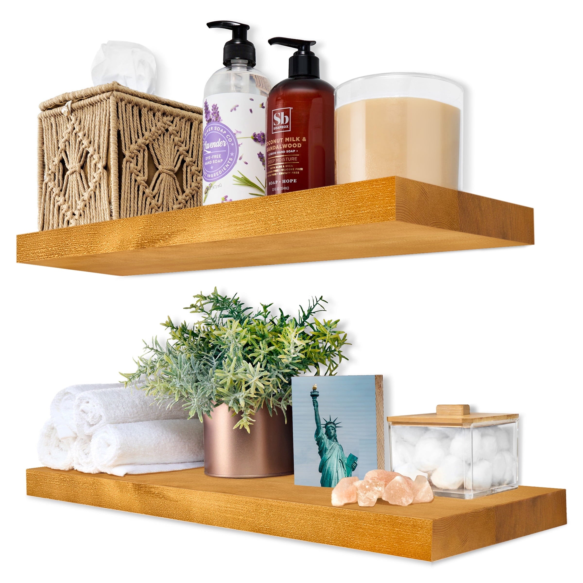 Sorbus Wood Floating Shelves for Wall - 16” Solid Wood Wall Shelves for Bathroom Decor, Books, Bedroom & Living Room - Set of 2 Wall Mounted Kitchen Shelves - Durable 100% Premium Solid Pine