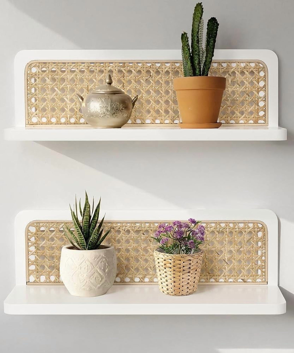 Sumgar Rattan Wall Shelf 16inch Set of 2, Handmade White Floating Shelves Boho Wall Decor, Rustic Wood Cute Wall Mounted Storage Shelves for Living Room Nursery Bedroom