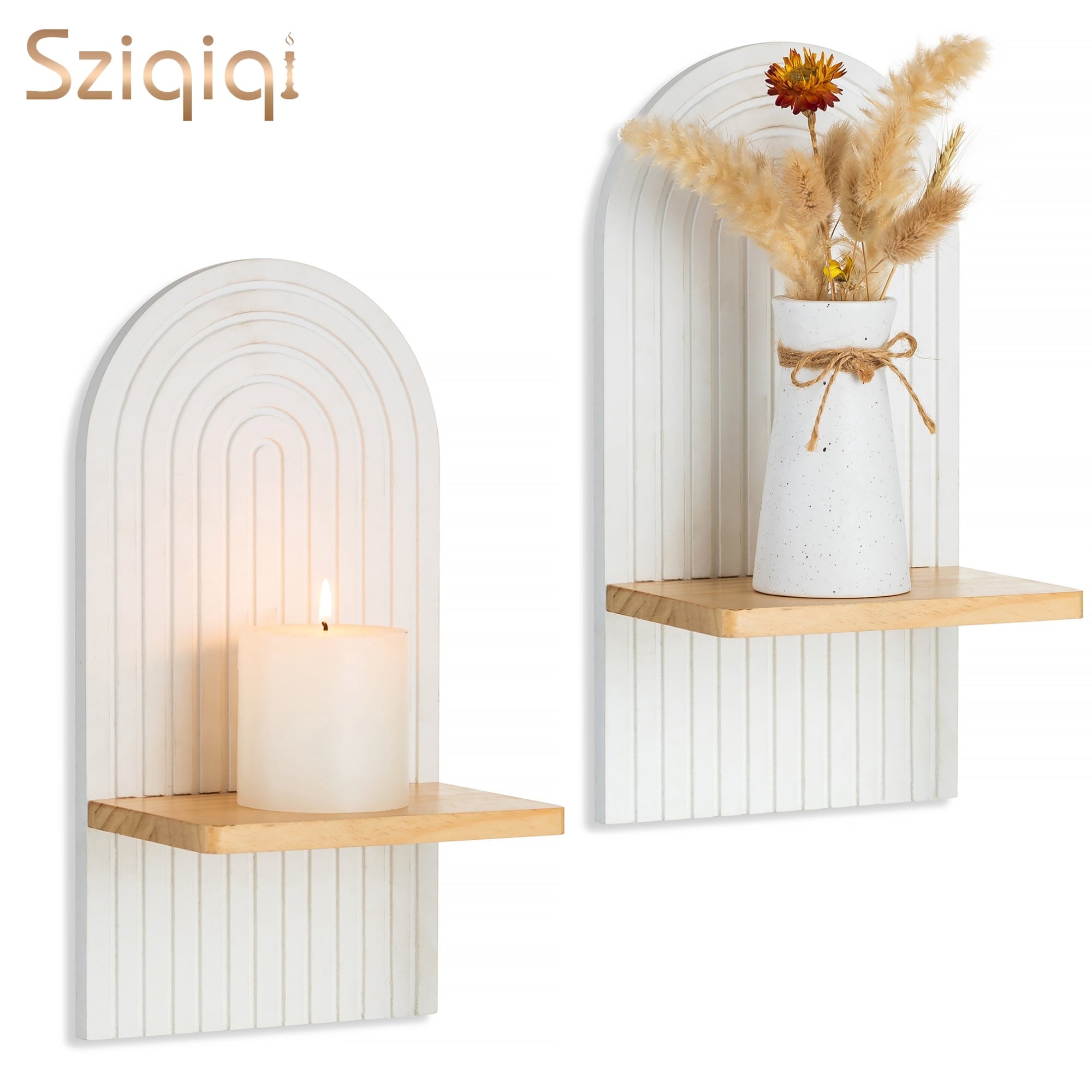 Sziqiqi Boho Wall Candle Holders Set of 2: White Wood Floating Shelves with Rainbow Arch Design Hanging Shelves for Tea Lights, Plants, Books Farmhouse Home Decor