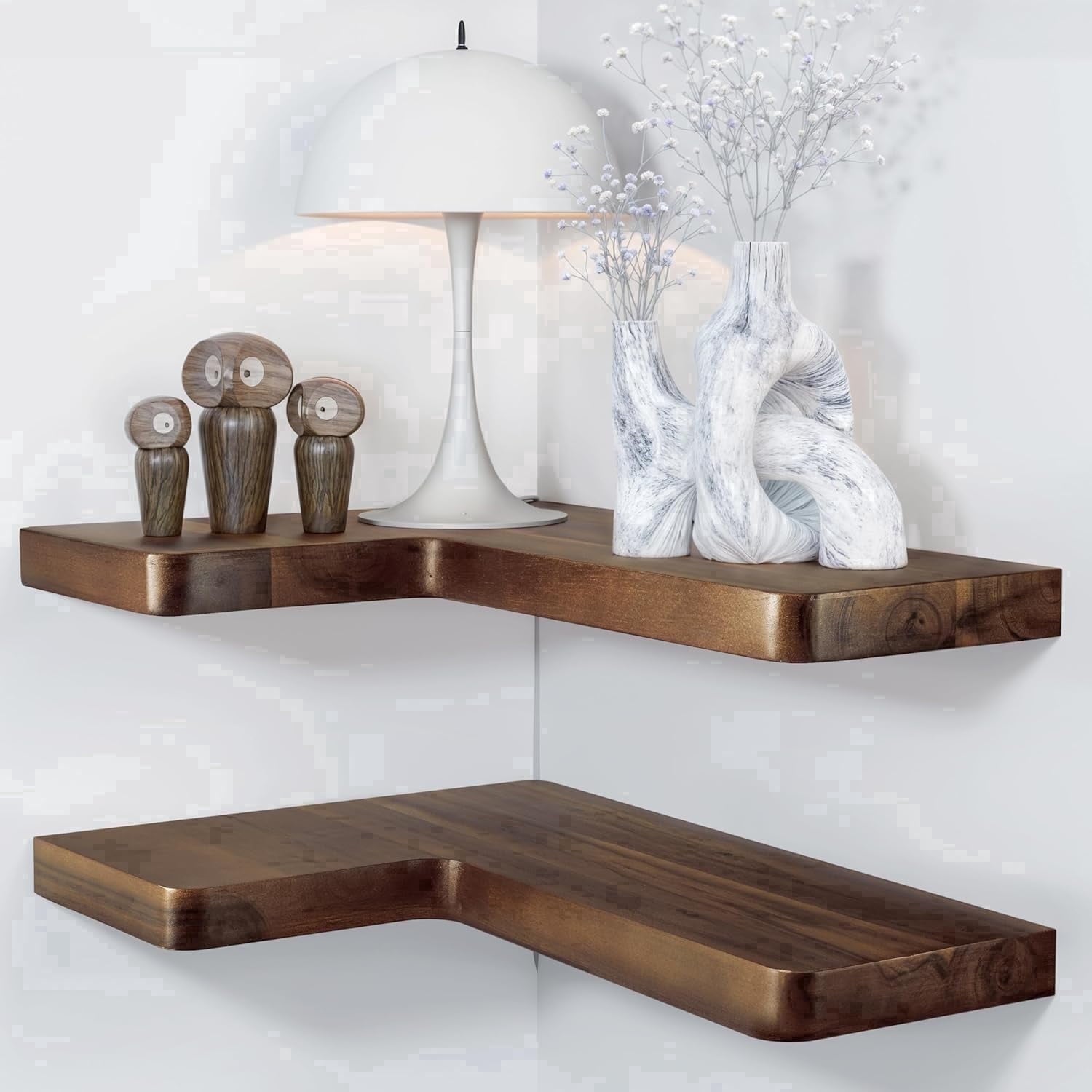 TIDITA Acacia Wood Corner Floating Shelf 17” x 12”- Corner Shelf Wall Mounted - Floating Book Shelves for Wall - Corner Shelf for Home, Kitchen - with Brackets and Hardware (Walnut Color, 17" x 12")