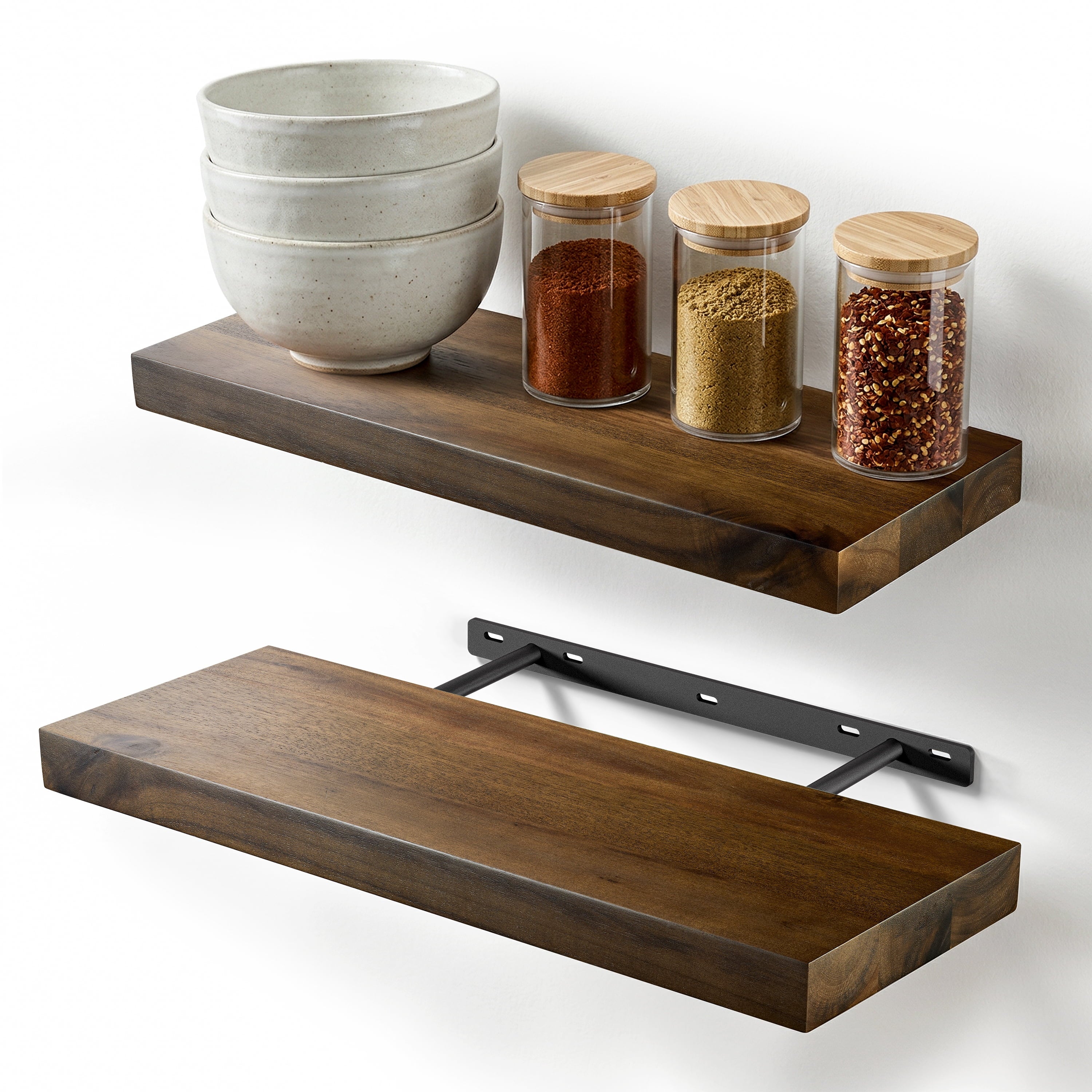Set of 2 17" Acacia Wood Floating Shelves Wall Mounted, Walnut Color | Rustic Farmhouse Storage Shelf, Floating Effect, 100 LBS Capacity Each, Easy Assembly, Hidden Brackets, Hardware Included