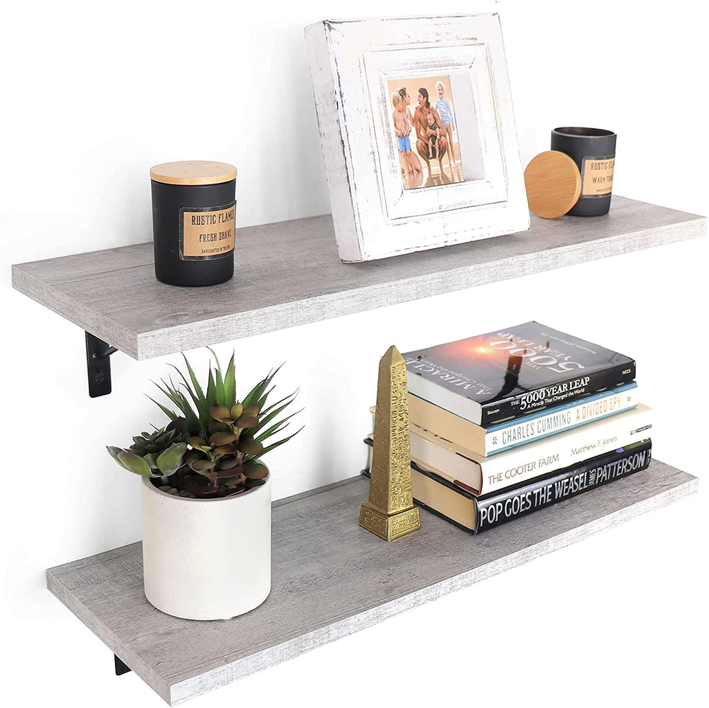 Under.Stated Floating Wall Shelves, 24” Wall Mounted Hanging Shelf Set for Living Room, Office, Kitchen, Bathroom &, Perfect Home Room Wall Decor, Designed with Rustic Pattern – (Whitewash)
