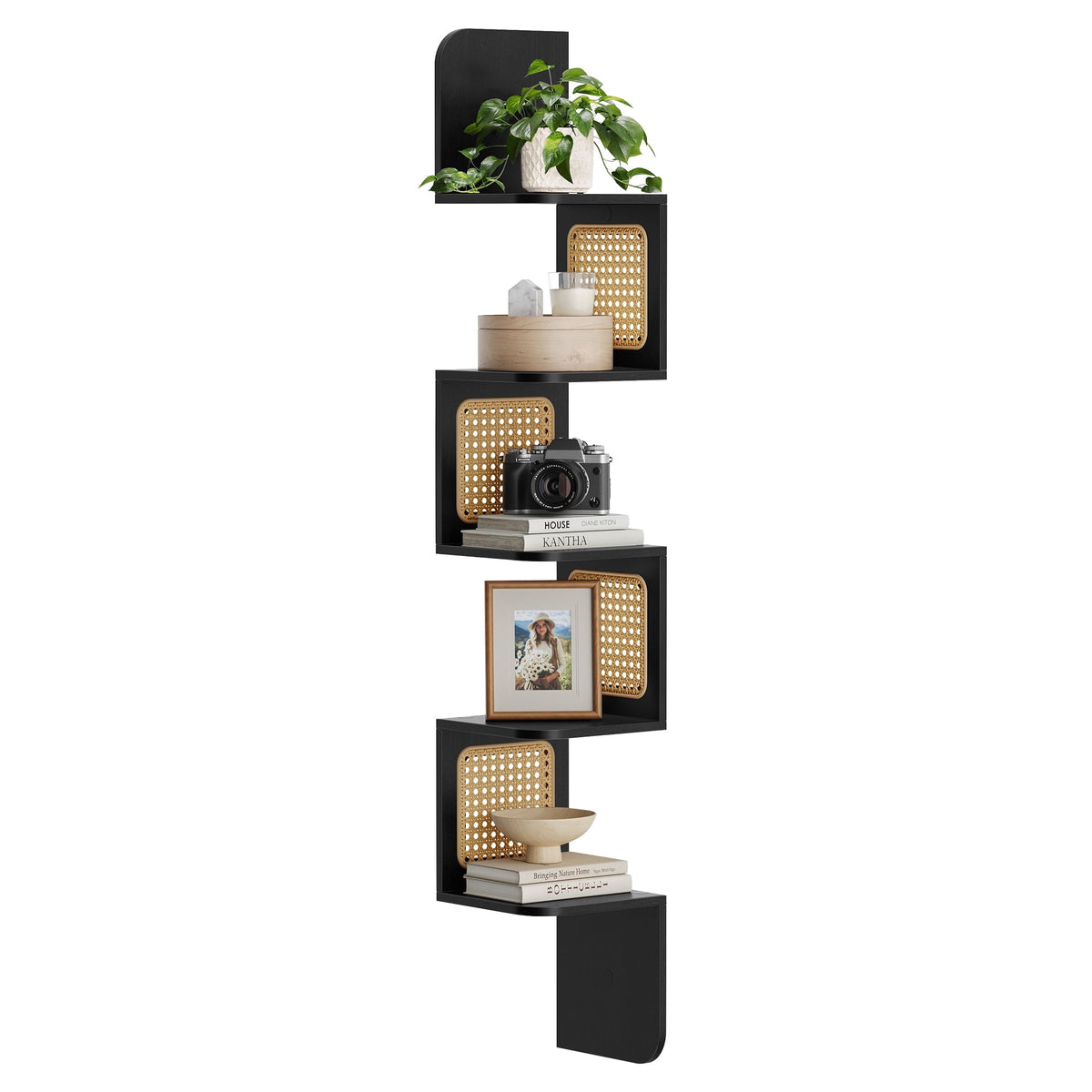VASAGLE 5-Tier Corner Shelf, Wall Mounted Floating Shelf, Zigzag Corner Shelf Unit, PVC Rattan Sides, Space-Saving, for Kitchen, Living Room, Bedroom, Boho Style, Ash Black