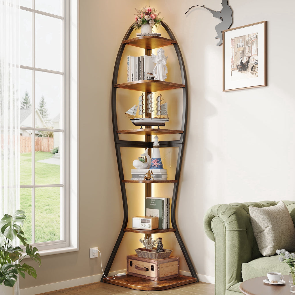 Vividwood Artistic Fish-Inspired Corner Shelf with LED Lights, 6-Tier Tall Corner Bookshelf with Multi-Depth Display, Space-Saving Storage Unit with Remote Control for Bedroom & Living Room