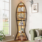 Vividwood Artistic Fish-Inspired Corner Shelf with LED Lights, 6-Tier Tall Corner Bookshelf with Multi-Depth Display, Space-Saving Storage Unit with Remote Control for Bedroom & Living Room