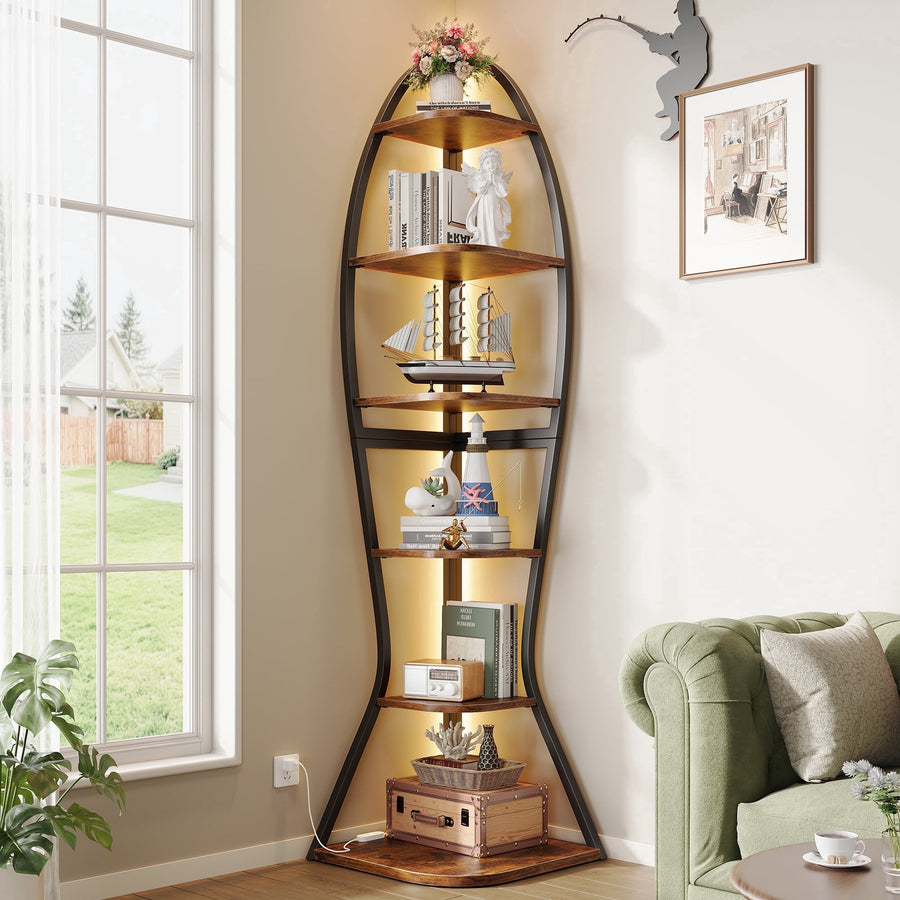 Vividwood Artistic Fish-Inspired Corner Shelf with LED Lights, 6-Tier Tall Corner Bookshelf with Multi-Depth Display, Space-Saving Storage Unit with Remote Control for Bedroom & Living Room