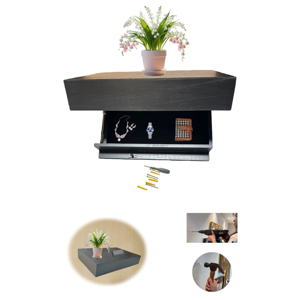 Wall Mount Shelf with Hidden Compartment, 15.75x11.02in, Requires Drilling Floating Shelves, Concealed Storage for Books, Plants, Wall Decor(Black)
