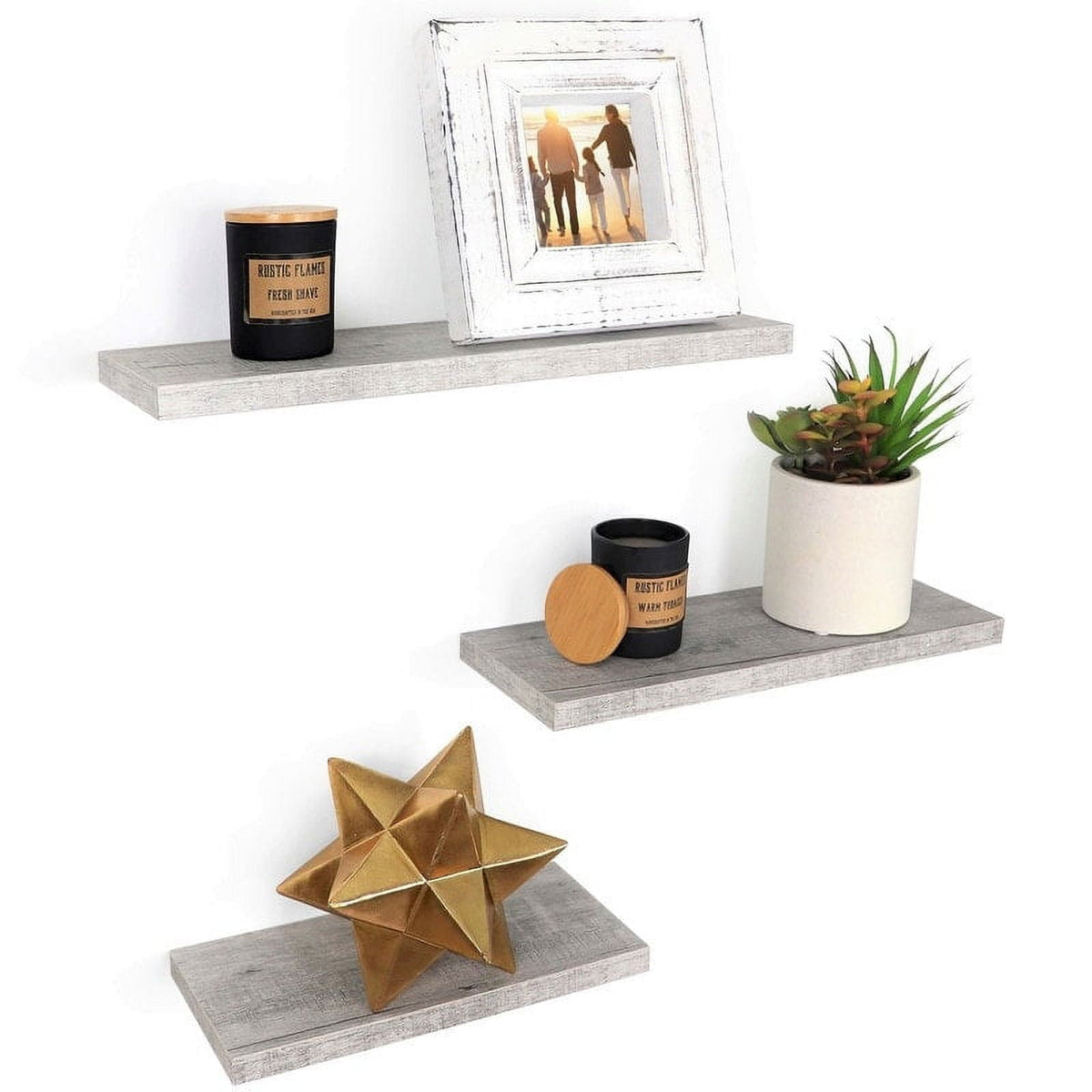 Wall Mounted Display Ledge Floating Wall Shelves Set of 3 Whitewash Gray