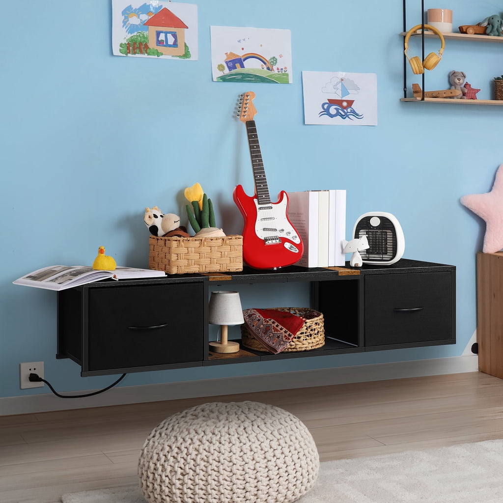 Wall Mounted Floating TV Stand with Power Outlets & Drawers, Modern Entertainment Center with USB Ports for Living Room, Bedroom, Black