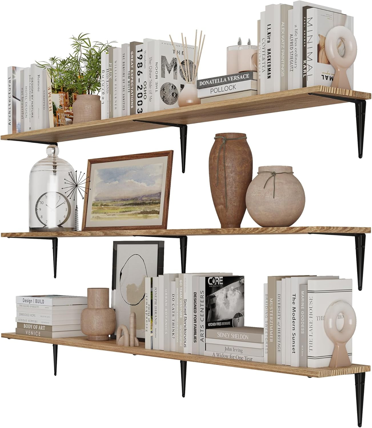 Wallniture Arras 60 inch Long, 8" Deep Rustic Floating Shelves for Wall Decor, Wall Bookshelf Living Room, Shelves for Kitchen, Pantry Floating Shelf, Set of 3, Burnt, Wood