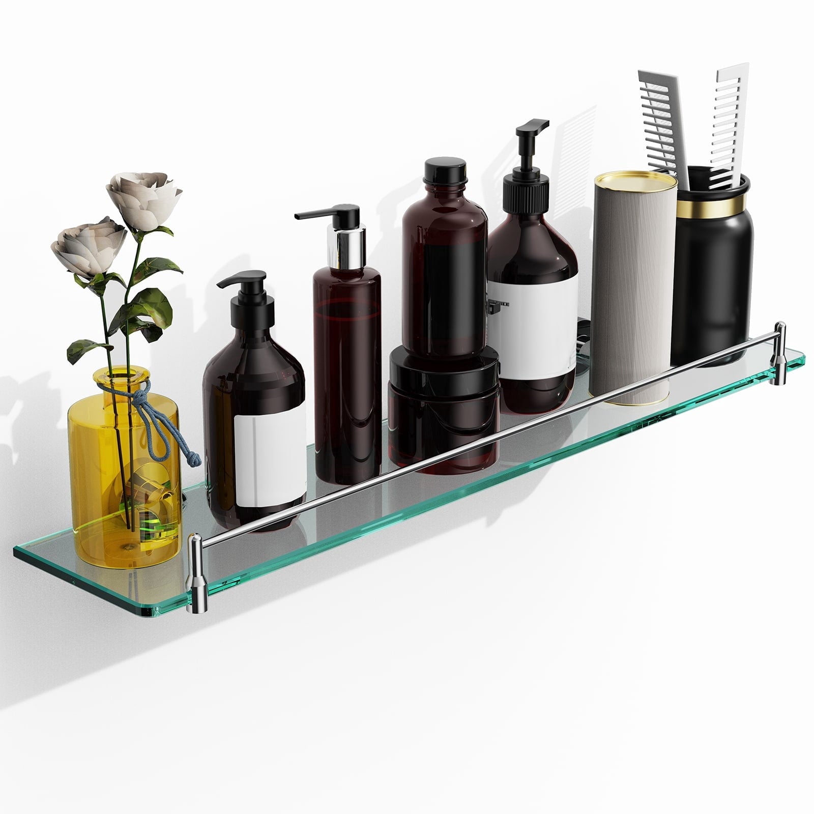Woindo Bathroom Glass Shelf, Floating Tempered Glass Bathroom Wall Shelf Rectangle 16 Inch Shelves Brushed Nickel Bracket Mount Modern