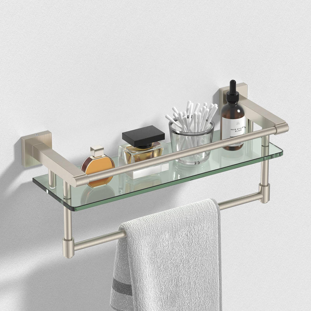 Woindo Bathroom Glass Shelf with Full-coverage Railing, Floating Tempered Glass Bathroom Wall Shelf Rectangle 16 Inch Over The Toilet Storage Cabinet, Towels, Gaming Floating Shelves