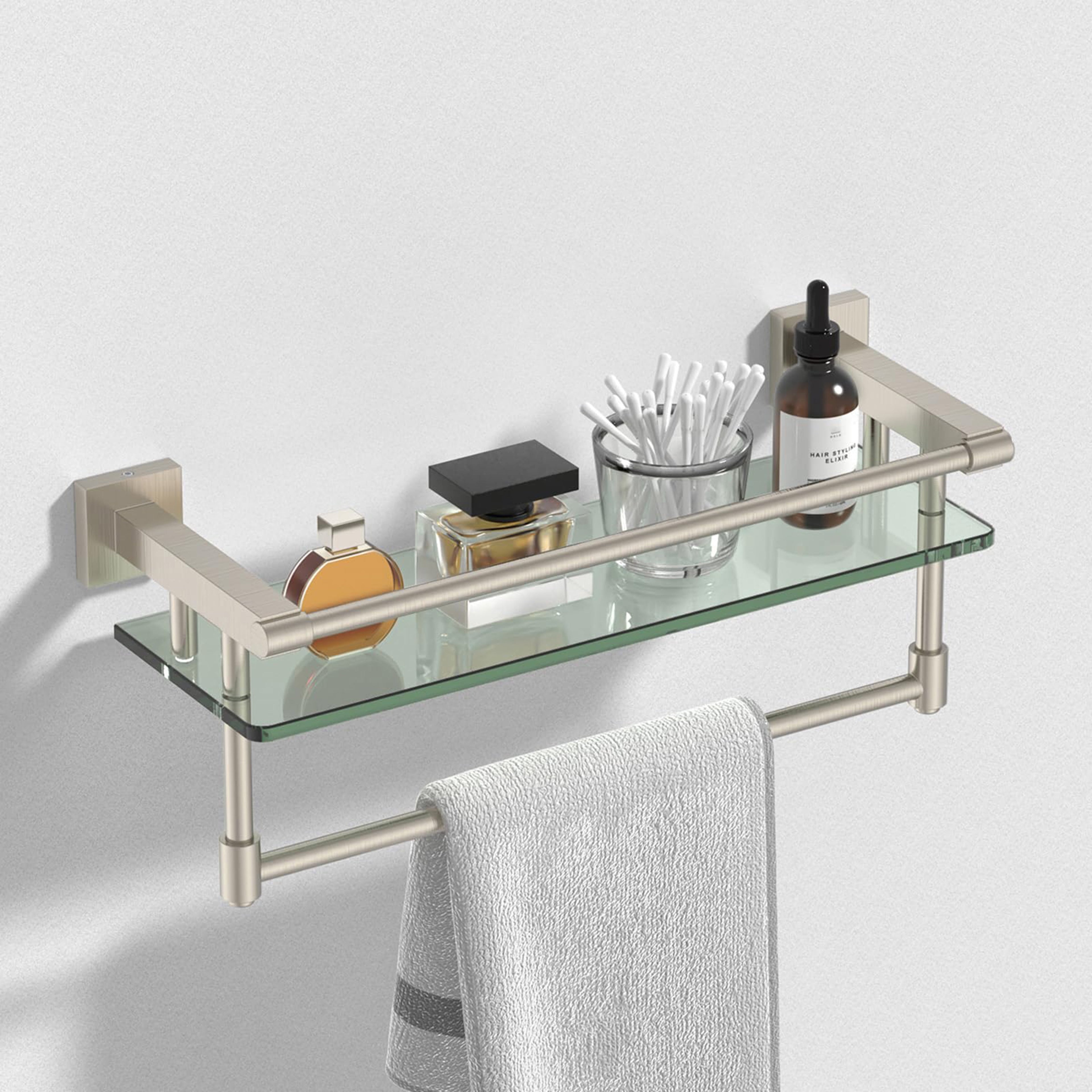 Woindo Bathroom Glass Shelf with Full-coverage Railing, Floating Tempered Glass Bathroom Wall Shelf Rectangle 16 Inch Over The Toilet Storage Cabinet, Towels, Gaming Floating Shelves