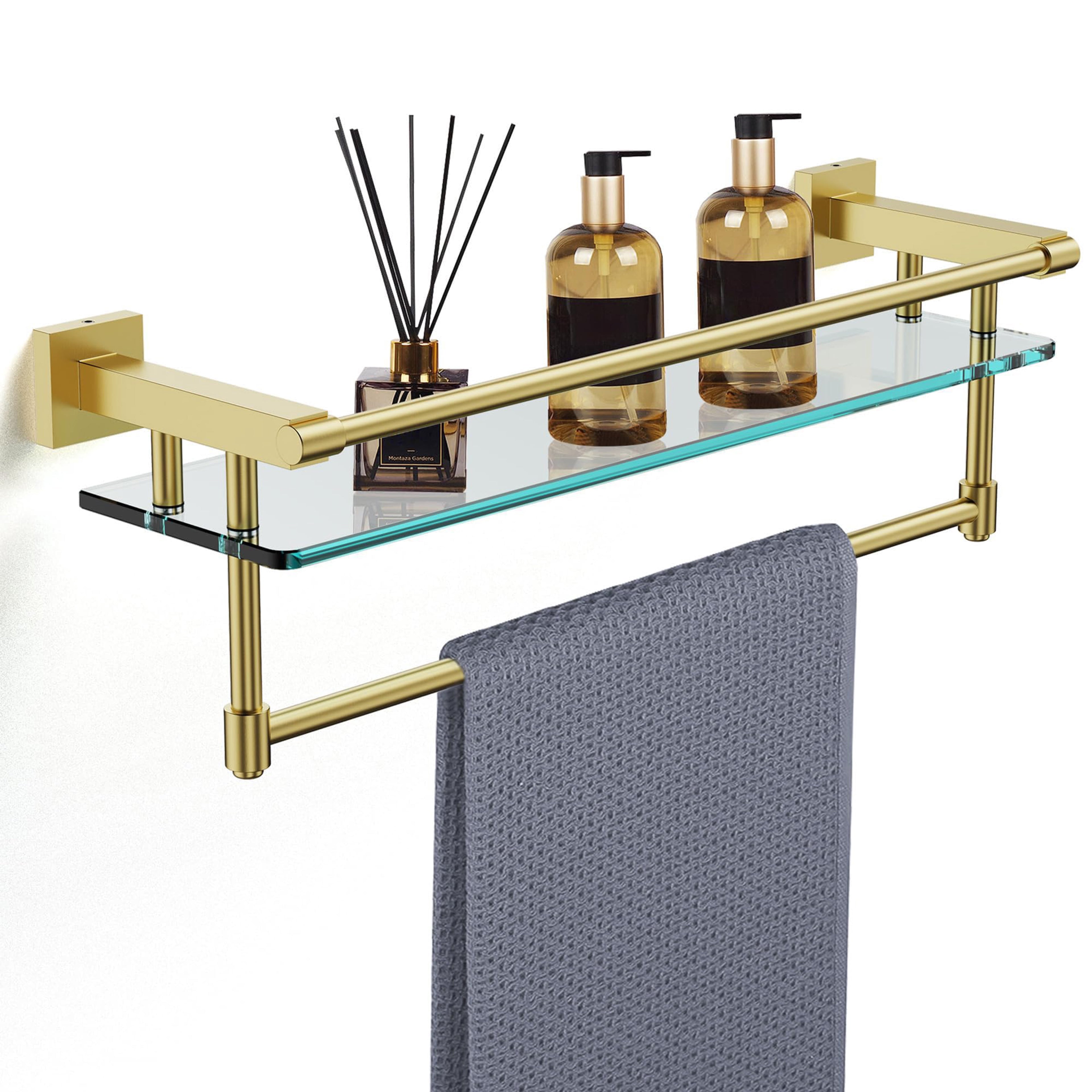Woindo Bathroom Glass Shelf with Full-coverage Railing, Floating Tempered Glass Bathroom Wall Shelf Rectangle 16 Inch Over The Toilet Storage Cabinet, Towels, Gaming Floating Shelves