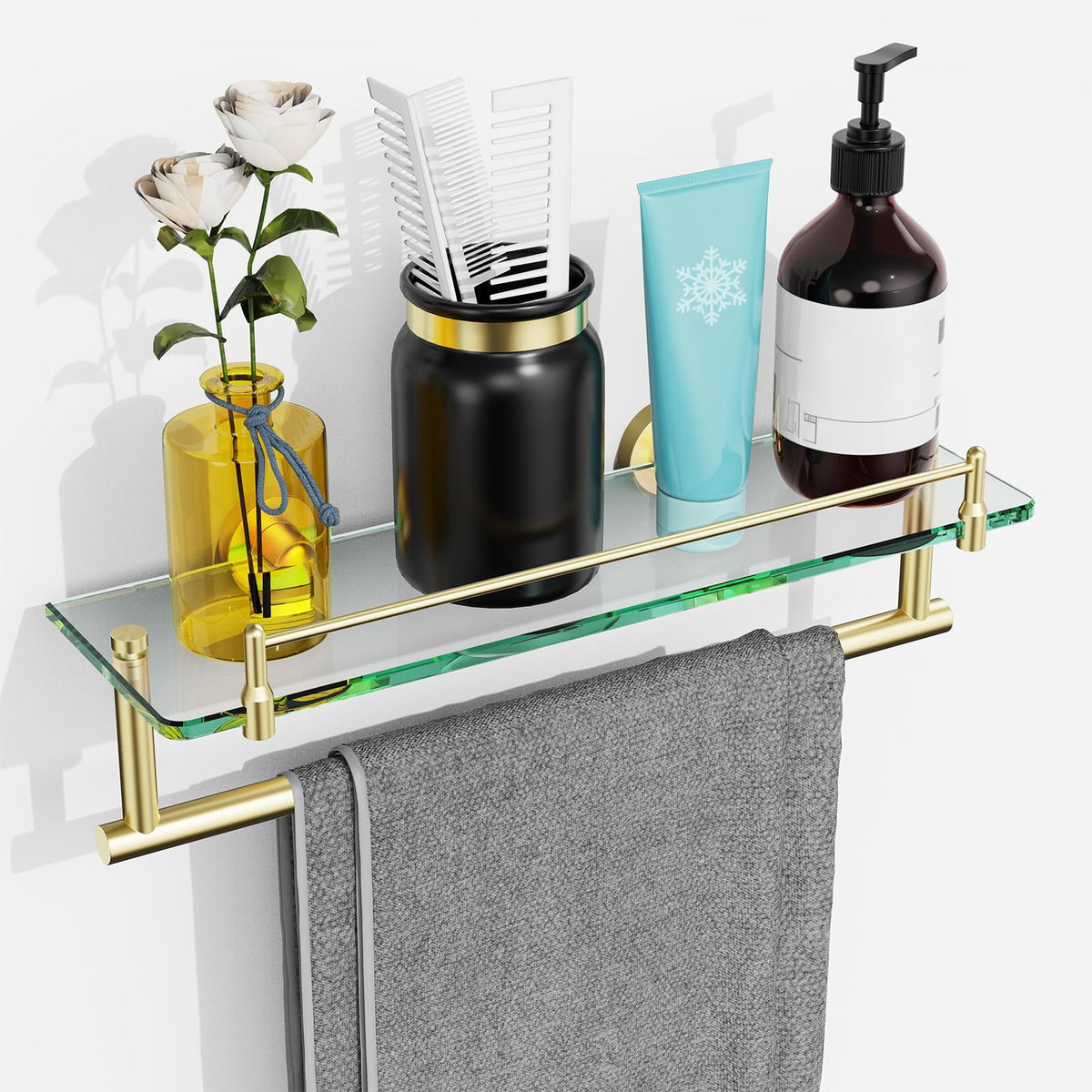 Woindo Bathroom Glass Shelf with Railing, Floating Tempered Glass Bathroom Wall Shelf Rectangle 16 Inch Over The Toilet Storage Cabinet, Gaming Floating Shelves, Bathroom Accessories and Home Decor