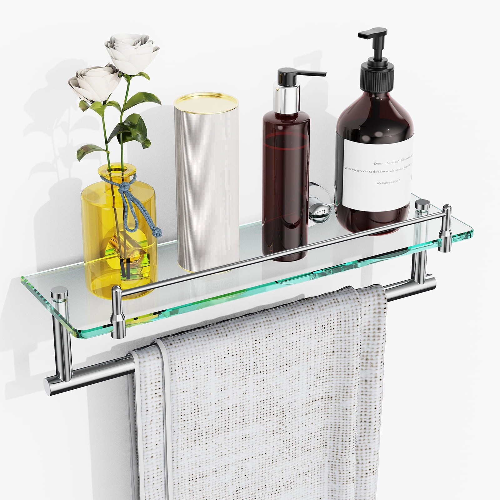 Woindo Bathroom Glass Shelf with Railing, Floating Tempered Glass Bathroom Wall Shelf Rectangle 16 Inch Over The Toilet Storage Cabinet, Gaming Floating Shelves, Bathroom Accessories and Home Decor