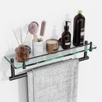 Woindo Bathroom Glass Shelf with Railing, Floating Tempered Glass Bathroom Wall Shelf Rectangle 16 Inch Over The Toilet Storage Cabinet, Gaming Floating Shelves, Bathroom Accessories and Home Decor