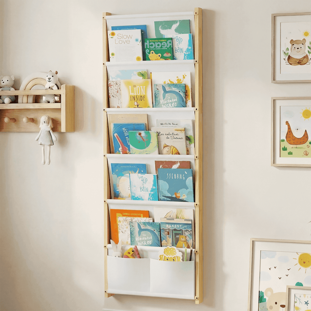 Wood 6-Tier Wall Mounted Kids Bookshelf – Floating Book Shelf For Kids Rooms,Nursery & Classroom, Hanging Bookcase Organizer For Books, Toddler Book Shelf, Montessori Bookshelf, Nursery Shelves