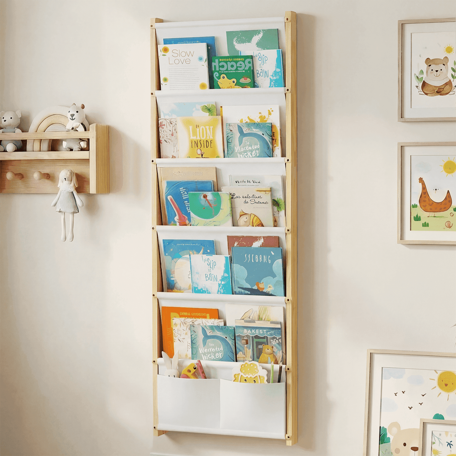 Wood 6-Tier Wall Mounted Kids Bookshelf – Floating Book Shelf For Kids Rooms,Nursery & Classroom, Hanging Bookcase Organizer For Books, Toddler Book Shelf, Montessori Bookshelf, Nursery Shelves