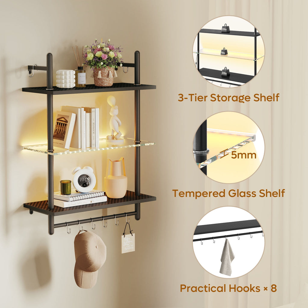 Bestier 23" Floating Shelves for Wall with LED Light 3-Tier Wall-Mounted Wood Shelves with 8 S-Hooks, Black Carbon Fiber