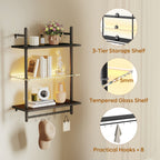 Bestier 23" Floating Shelves for Wall with LED Light 3-Tier Wall-Mounted Wood Shelves with 8 S-Hooks, Black Carbon Fiber