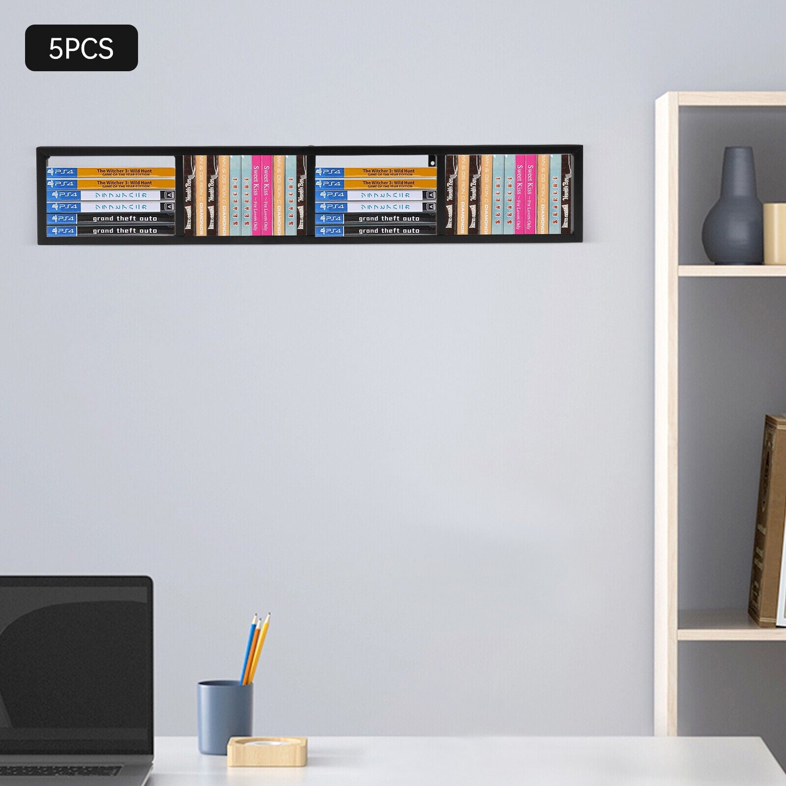 Set of 5 Video Game Rack,Wall Mount CD DVD Storage Shelf, 34 Inch Media Storage Rack Metal Floating Shelf Black,CD Rack