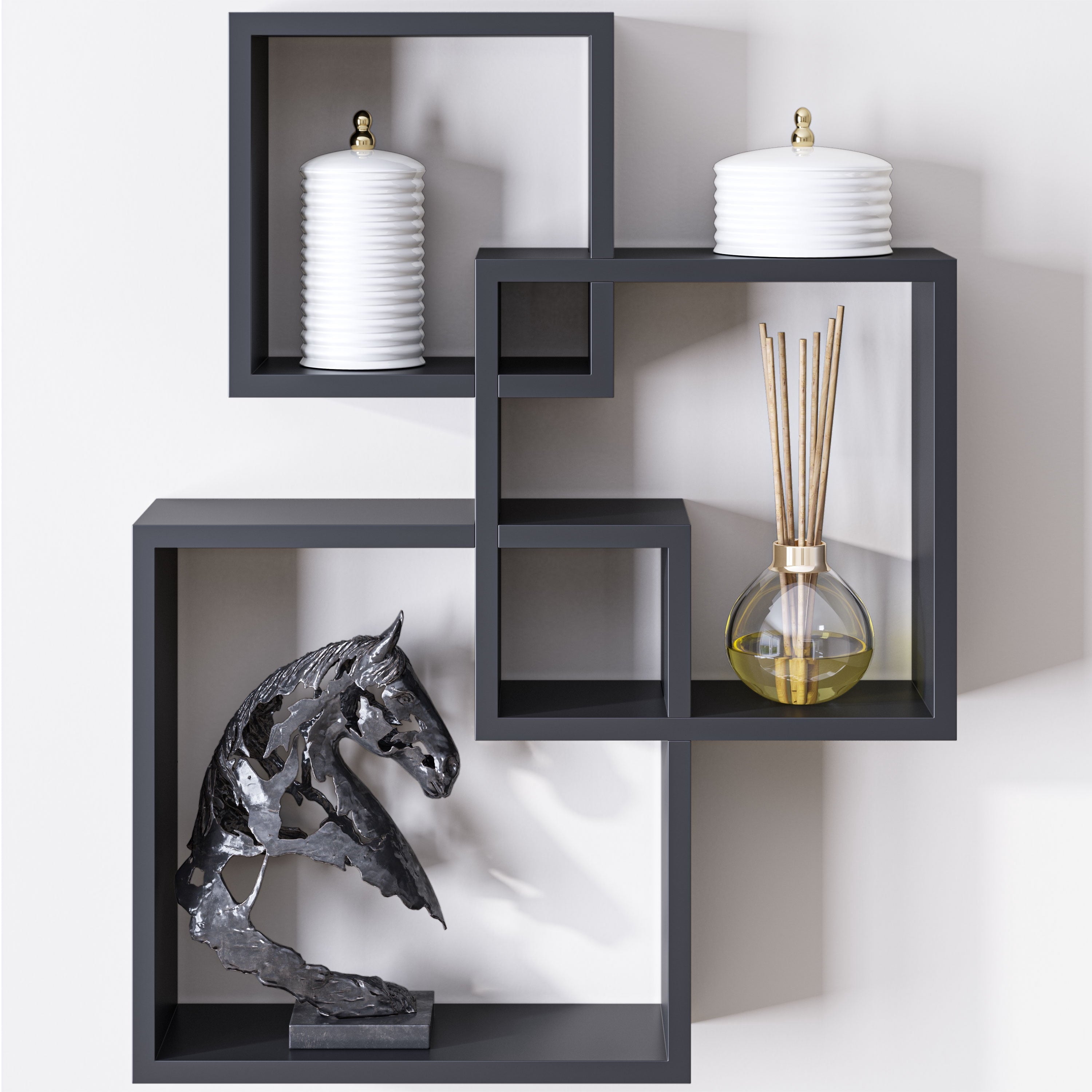 Ballucci Interlocking Cube Floating Shelves, Wall Mount Wood Square Box Shelves, Black