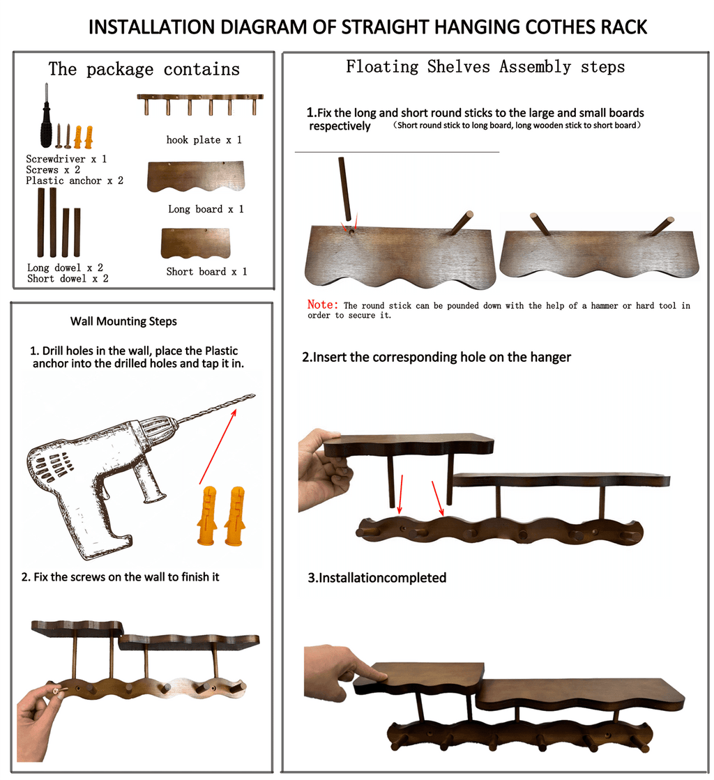 Floating Shelves with Hooks,Coat Rack Shelf Wall Mounted,Wood Coat Rack,for Bedroom, Living Room, Bathroom, Kitchen, Picture Ledge,with 8 Hooks