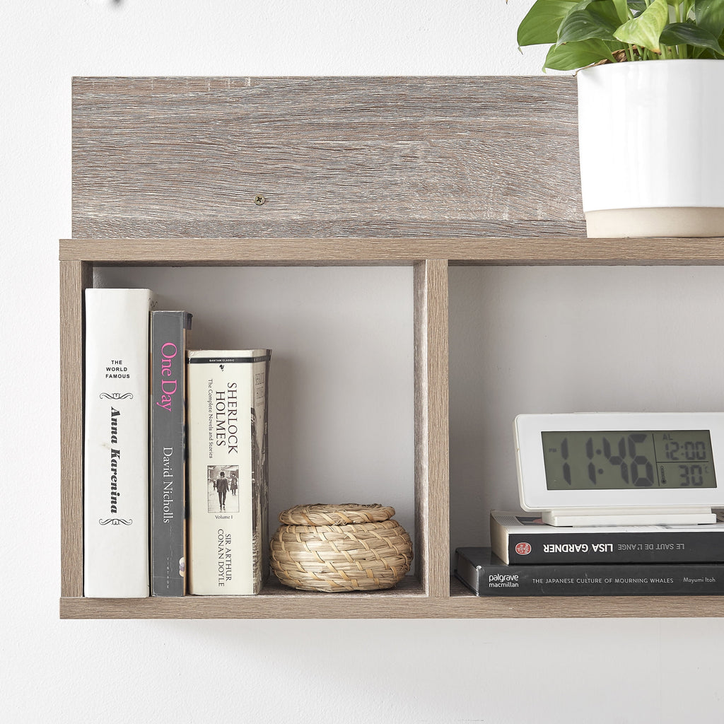 Danya B. Modern 3 Cube Floating Wall Shelf with Display Ledge - Easy to Hang Wall Mounted Triple Cubby Shelf - Oak