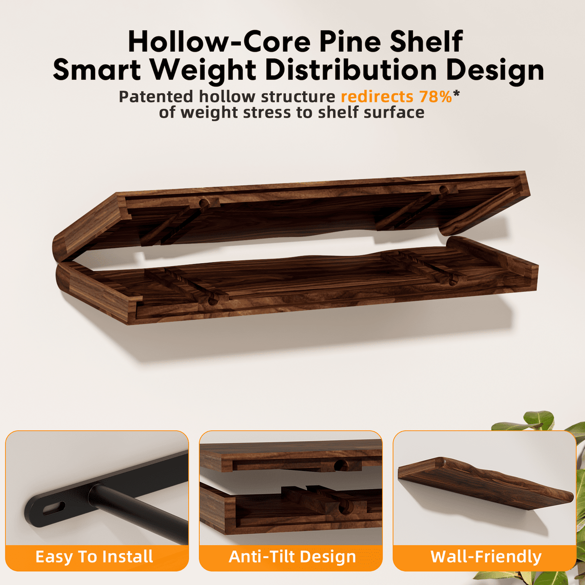 Lipa 24 Inch 2 Pack Floating Shelves for Wall,Farmhouse Live Edge Shelf,Living Room Bedroom Kitchen,Walnut