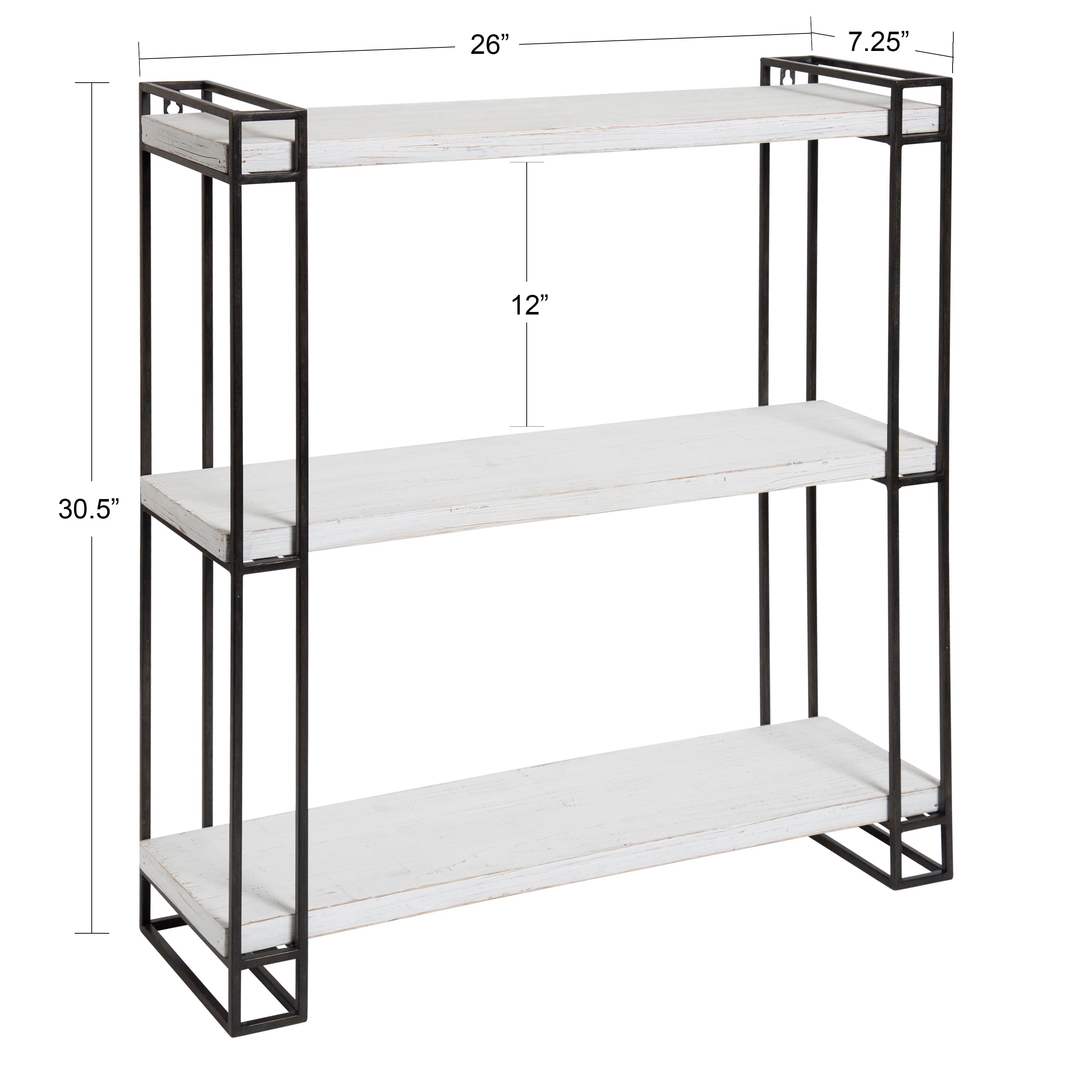 Kate and Laurel Lintz Modern Industrial Wood and Metal Floating Wall Shelves with Black Metal Frame, Rustic White