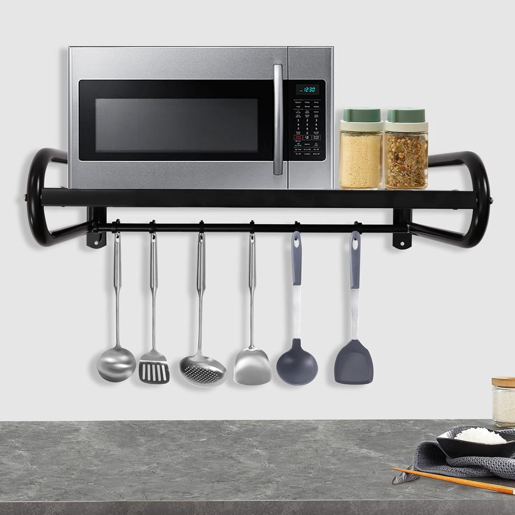 Miumaeov 20 x 15'' Carbon Steel Wall Shelf with 6 Hooks Wall Mounted Rack for Microwave or Household Grade Wall Mount Shelf with Fixing Kit Multifunctional Floating Shelves (Black)