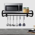 Miumaeov 20 x 15'' Carbon Steel Wall Shelf with 6 Hooks Wall Mounted Rack for Microwave or Household Grade Wall Mount Shelf with Fixing Kit Multifunctional Floating Shelves (Black)