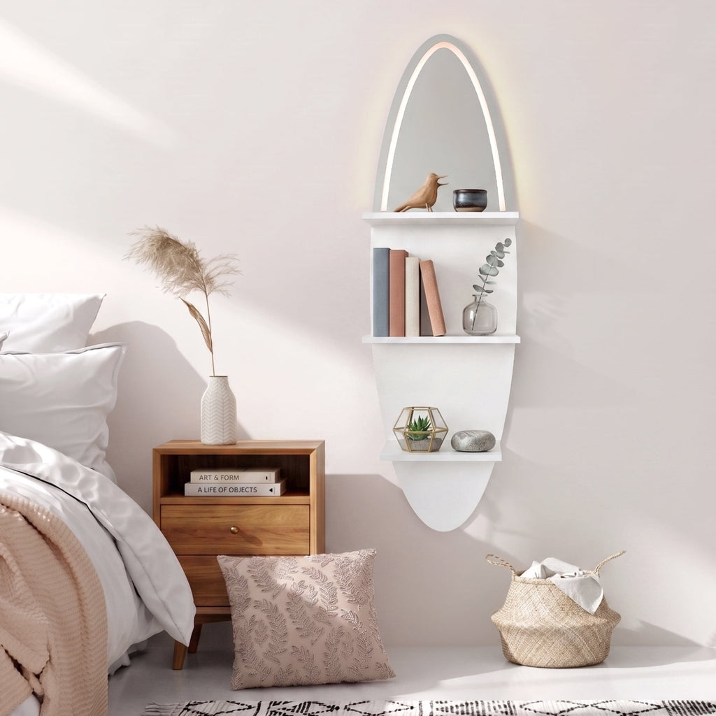 LEFINITO Surfboard Shaped LED Mirrored Floating Wall Storage Shelf, White Wall Shelf with Light for Home Decor