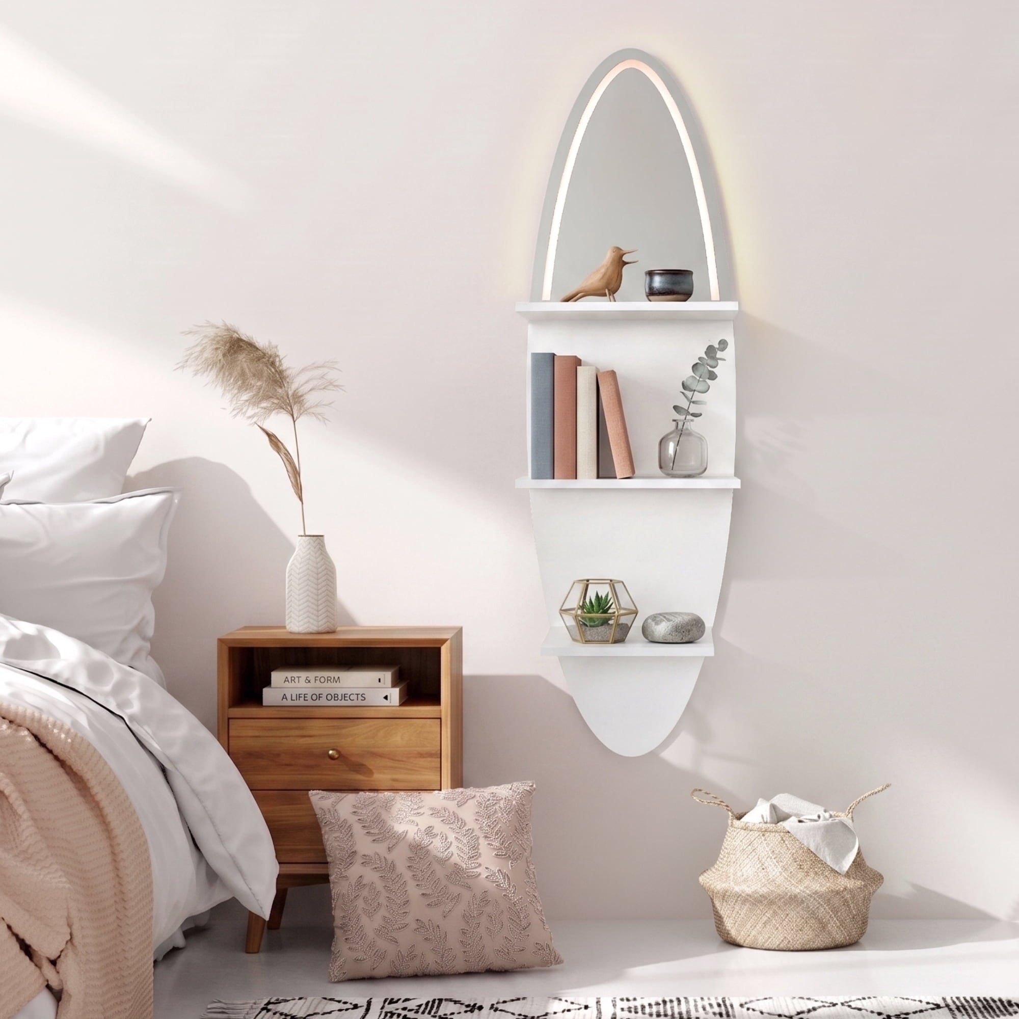 LEFINITO Surfboard Shaped LED Mirrored Floating Wall Storage Shelf, White Wall Shelf with Light for Home Decor