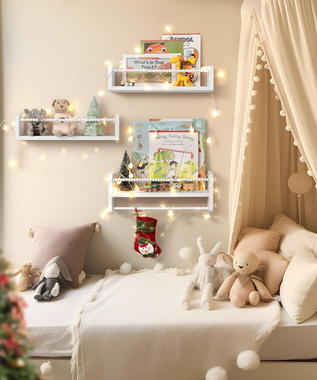 SUMGAR White Floating Shelves Set of 3 16in, Wood Book Shelf for Kids Rooms Bedroom Wall Mount Nursery Floating Bookshelves Toy Storage Organizer for Nursery Decor or Wall Shelves for Kitchen