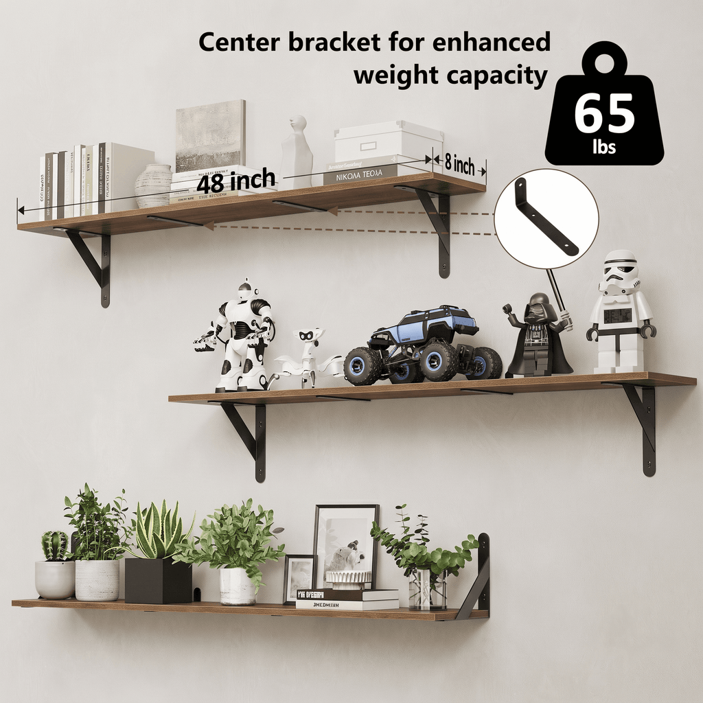 Farmhouse 48″W x 8″D Brown Floating Shelves Set of 3,Wood Book Shelves for Decor