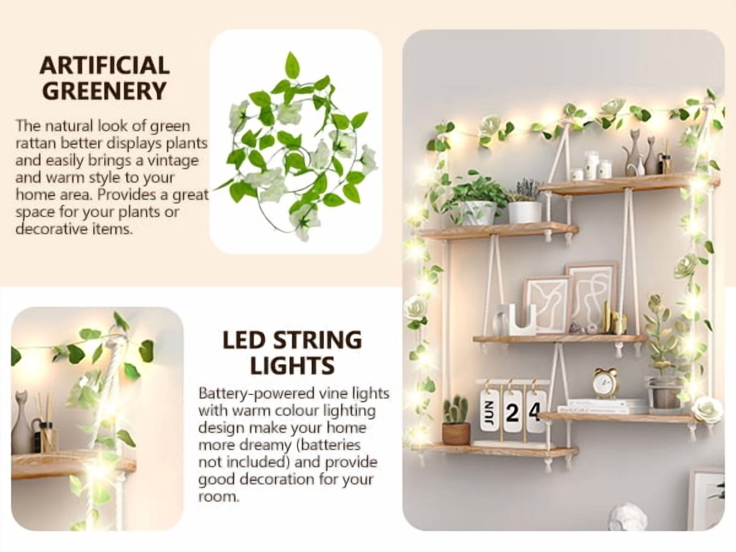 FKS LIFE Hanging Shelves for Wall, Macrame Hanging Plant Shelf with Vine Lights 5 Tier Rope Floating Shelf Storage Rack Boho Wall Decor