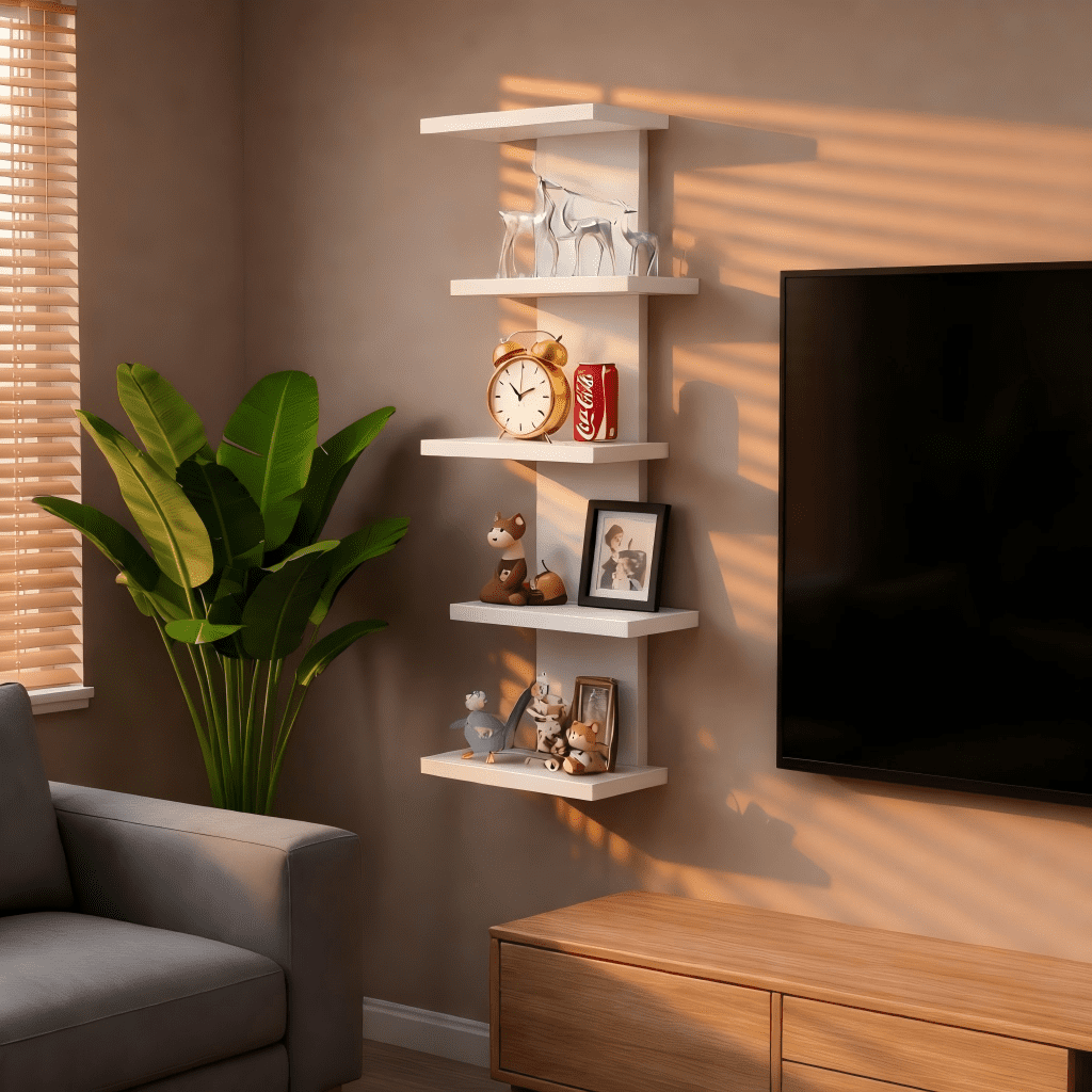 5 Tier Asymmetric Floating Wall Shelf, White Modern Storage Organizer for Bedroom & Living Room