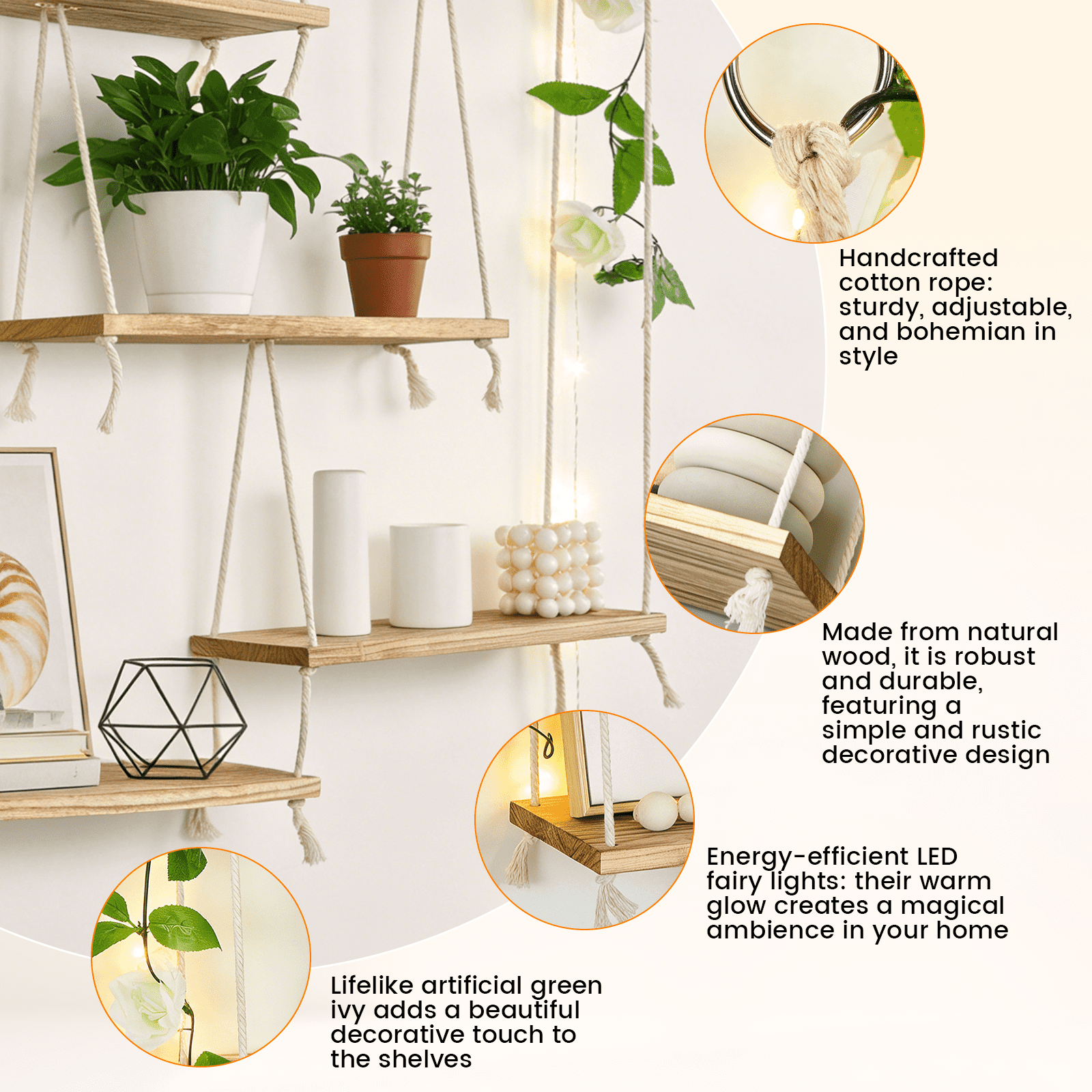 AMTPM Hanging Shelves for Wall, 5 Tier Boho Wall Decor Hanging Plant Shelf Floating Shelves Rope Rustic Wood Organizer Storage Hanger Rack for Aesthetic Home Bedroom Kitchen Bathroom