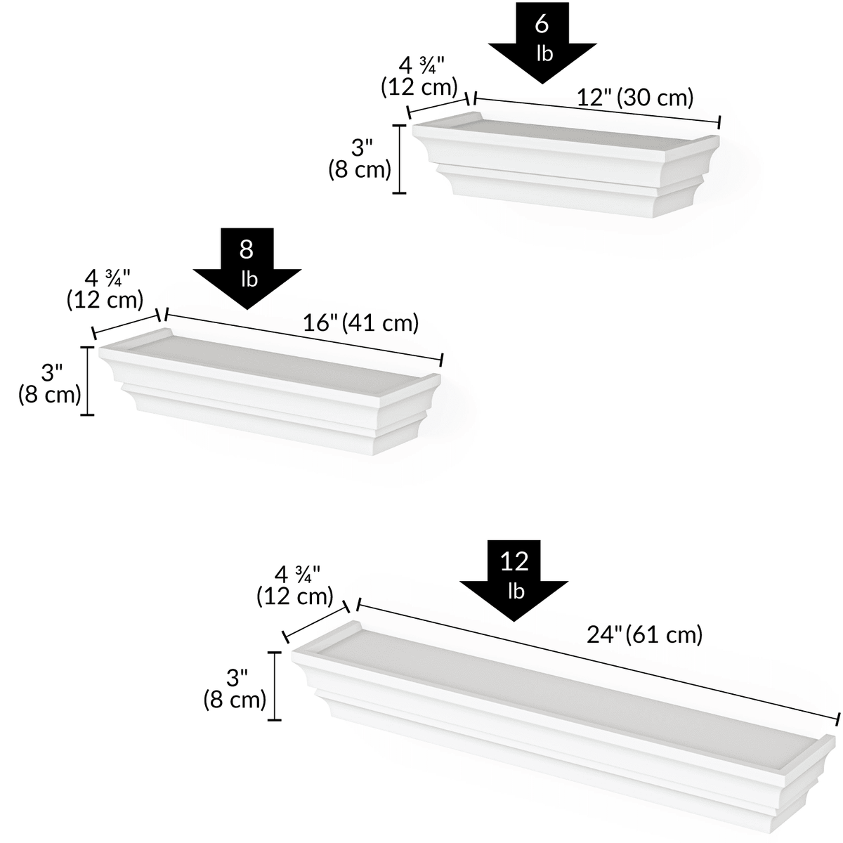 Ballucci Victorian Wall Ledge and Shelf, Wood Floating Wall Shelves Set, 12", 16", 24", Set of 3, White