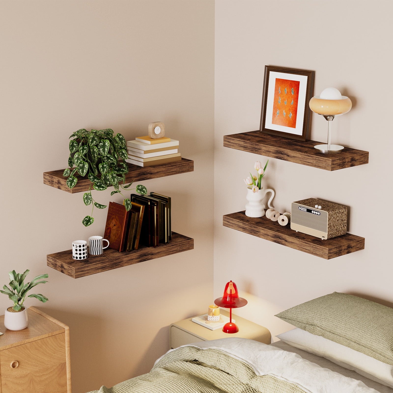 Fairy 15.8in Floating Shelves, Set of 6 Wood Shelves, Farmhouse Shelf Wall Decor, Brown