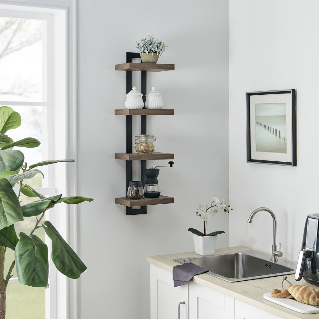 Danya B. 4-Tier Ladder Bracket Floating Wall Shelves - Black Metal and Walnut Finish
